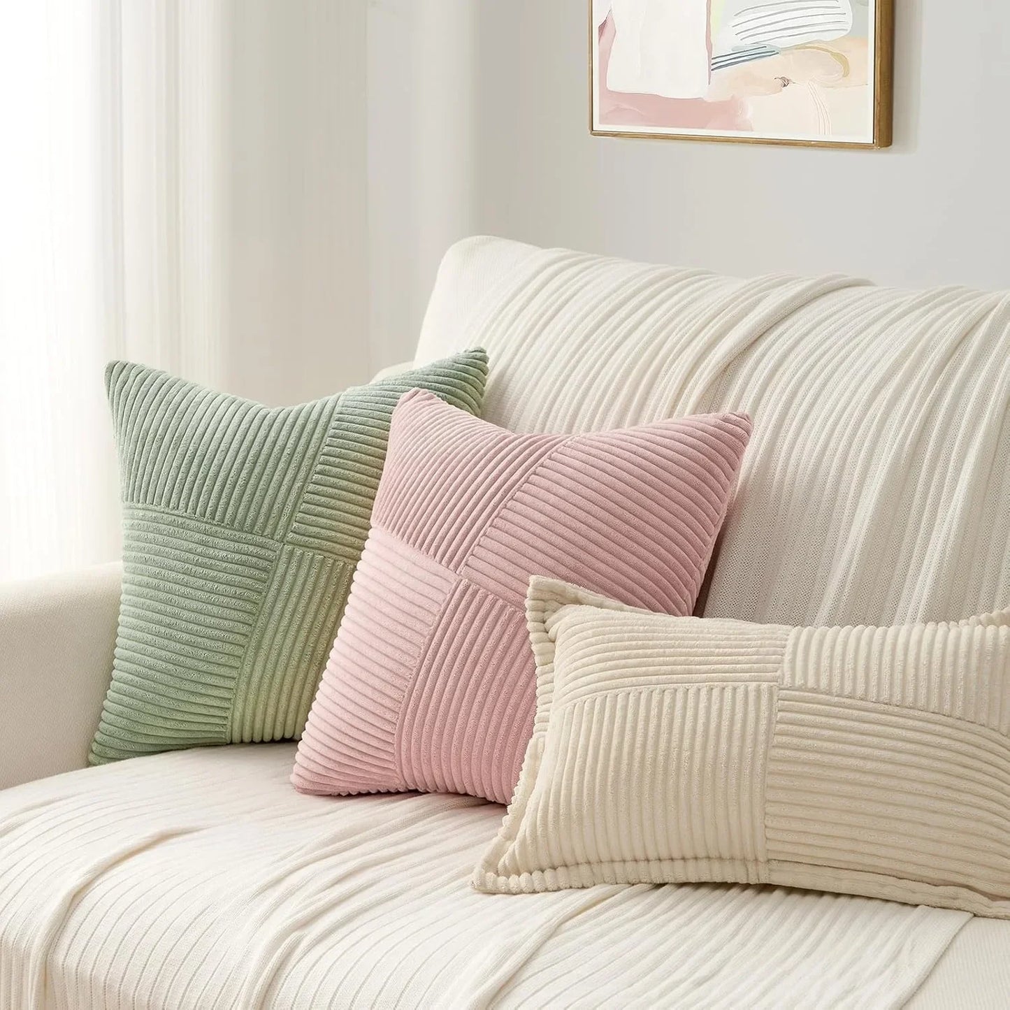 Boho Patchwork Throw Pillow Cover 45x45CM Solid Pink Striped Textured Fabric for Sofa Bed Car Pillowcase Farmhouse Spring Decor
