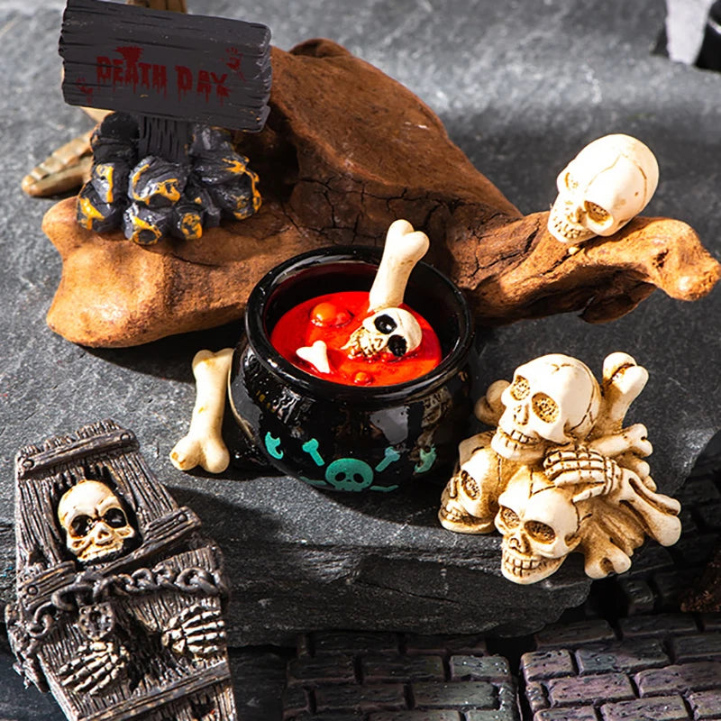 3D Horror Halloween Decoration Miniature Raven Tombstone Ghost Skeleton Skull Micro Resin Figurine Ornaments Hallowma Prop