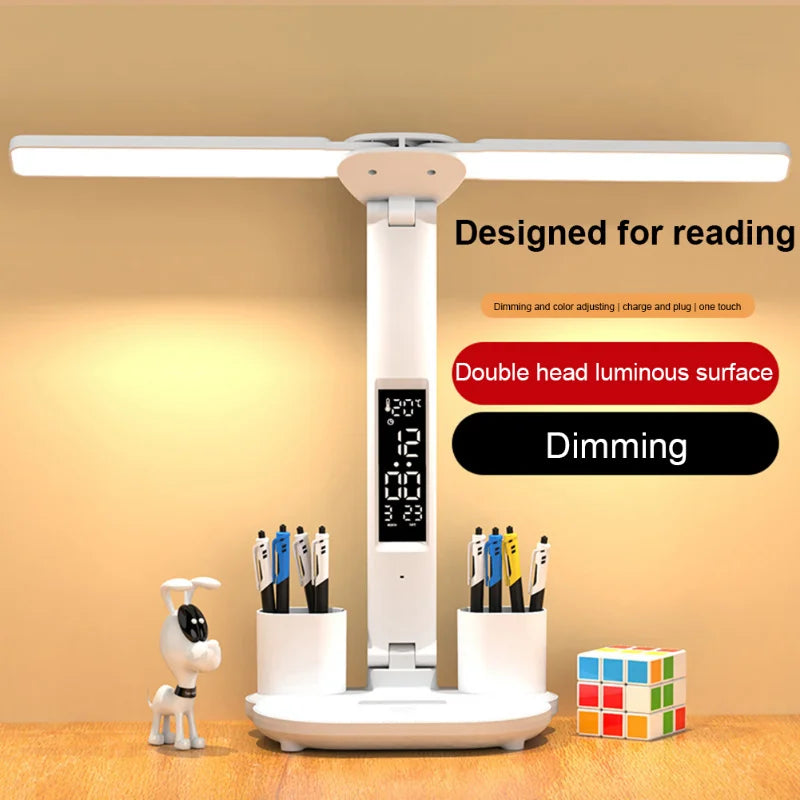 LED Clock Table Lamp USB Chargeable Dimmable Desk Lamp 2 Heads 180 Rotate Foldable