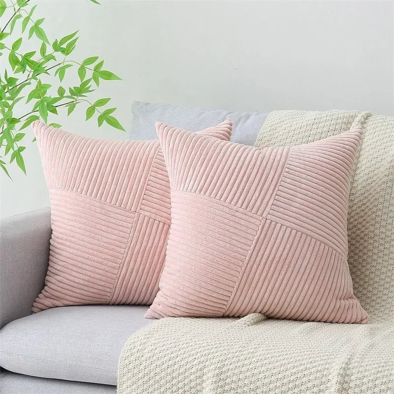 Boho Patchwork Throw Pillow Cover 45x45CM Solid Pink Striped Textured Fabric for Sofa Bed Car Pillowcase Farmhouse Spring Decor