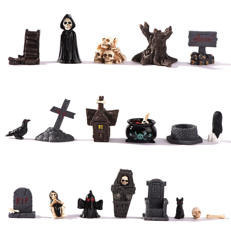 3D Horror Halloween Decoration Miniature Raven Tombstone Ghost Skeleton Skull Micro Resin Figurine Ornaments Hallowma Prop