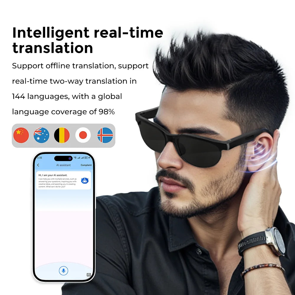 Ai Smart Translation Glasses Headphones 144 Languages Real Time Translator Bluetooth5.3 Sunglasses Music Sports Riding Earphones