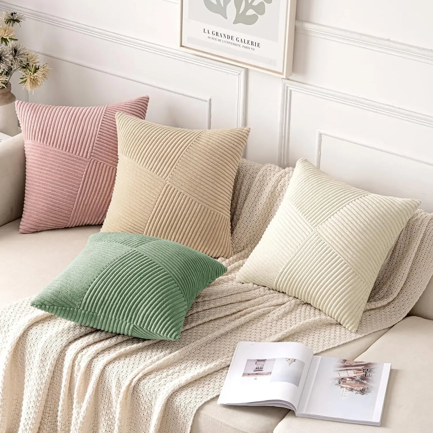 Boho Patchwork Throw Pillow Cover 45x45CM Solid Pink Striped Textured Fabric for Sofa Bed Car Pillowcase Farmhouse Spring Decor