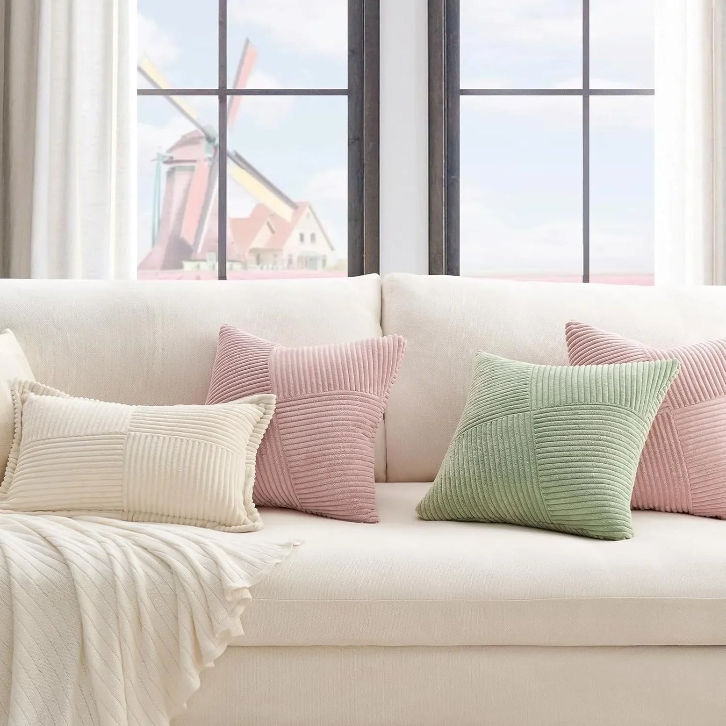 Boho Patchwork Throw Pillow Cover 45x45CM Solid Pink Striped Textured Fabric for Sofa Bed Car Pillowcase Farmhouse Spring Decor