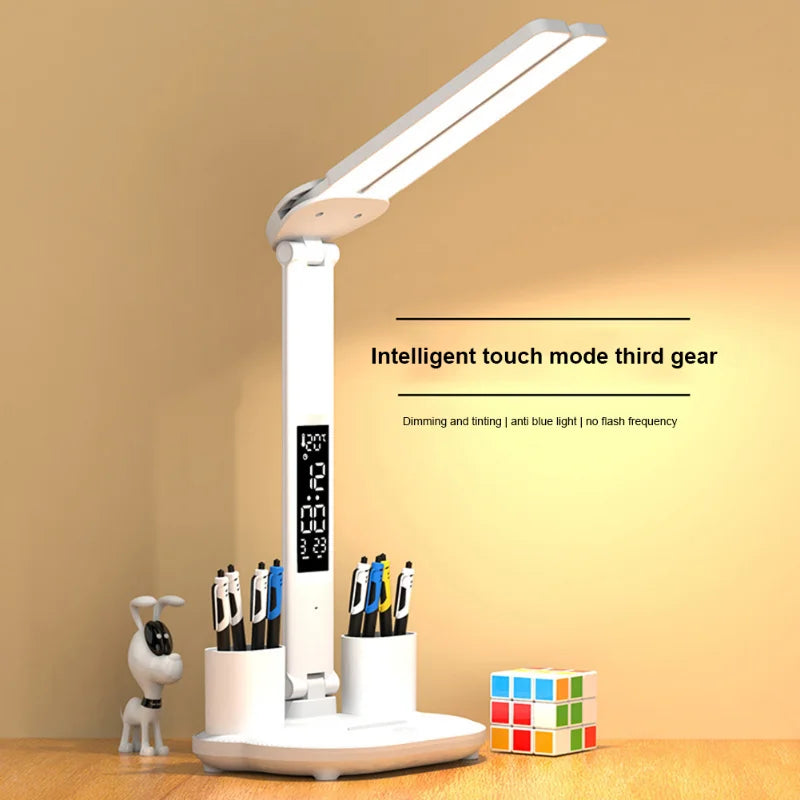 LED Clock Table Lamp USB Chargeable Dimmable Desk Lamp 2 Heads 180 Rotate Foldable