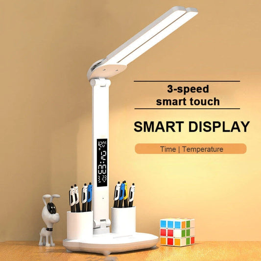 LED Clock Table Lamp USB Chargeable Dimmable Desk Lamp 2 Heads 180 Rotate Foldable