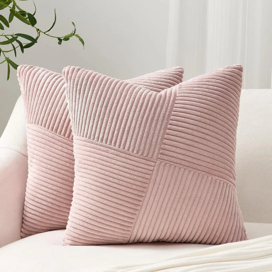 Boho Patchwork Throw Pillow Cover 45x45CM Solid Pink Striped Textured Fabric for Sofa Bed Car Pillowcase Farmhouse Spring Decor