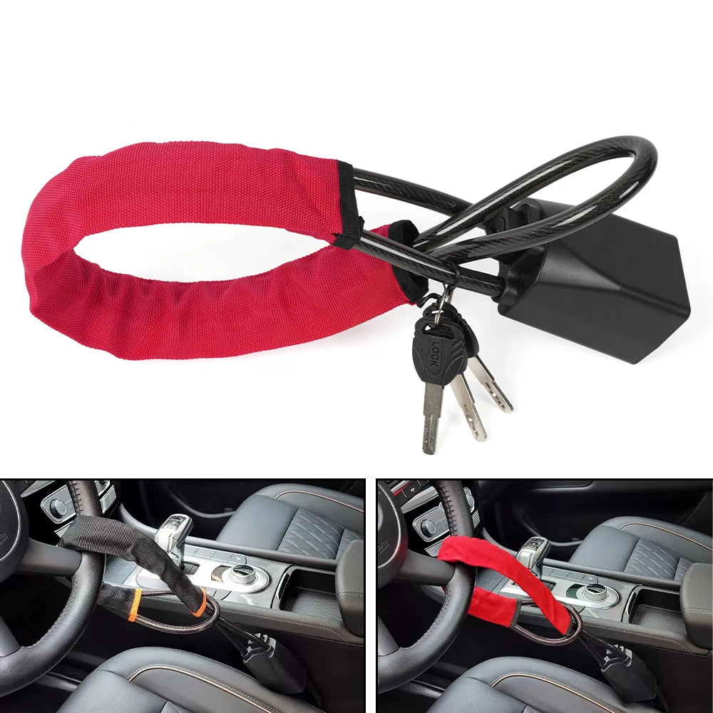 Universal Steering Wheel Lock With Seat Belt Socket 5mm Thick Braided Steel Rope With 3 Keys Anti-Theft Safety Lock STW049
