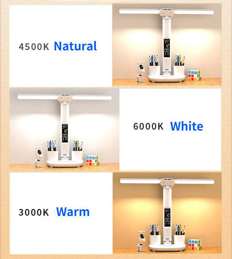 LED Clock Table Lamp USB Chargeable Dimmable Desk Lamp 2 Heads 180 Rotate Foldable