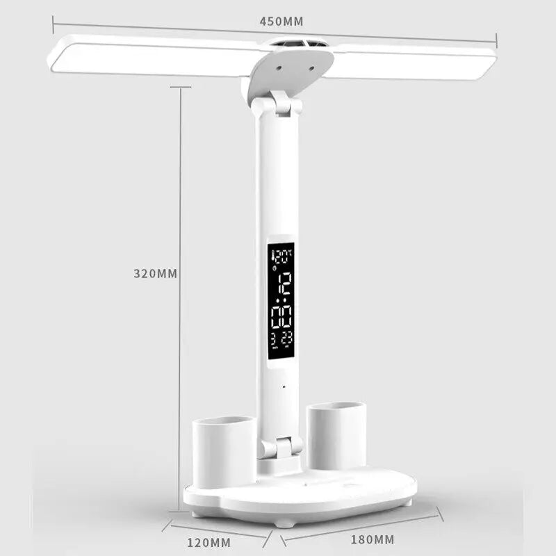 LED Clock Table Lamp USB Chargeable Dimmable Desk Lamp 2 Heads 180 Rotate Foldable