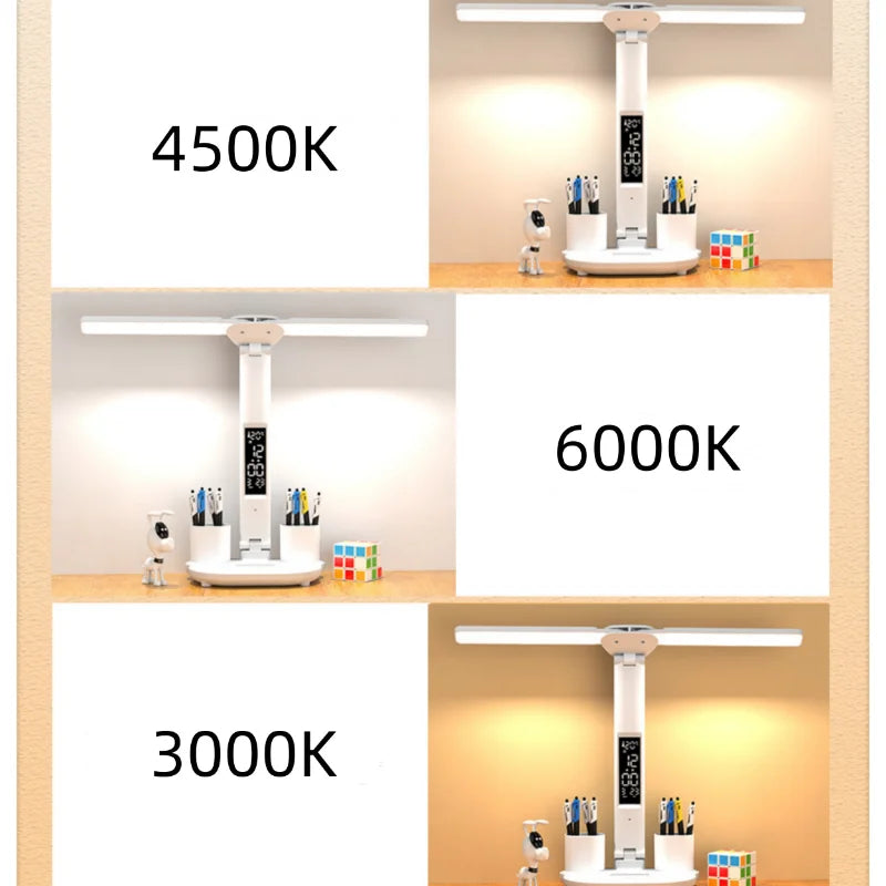 LED Clock Table Lamp USB Chargeable Dimmable Desk Lamp 2 Heads 180 Rotate Foldable