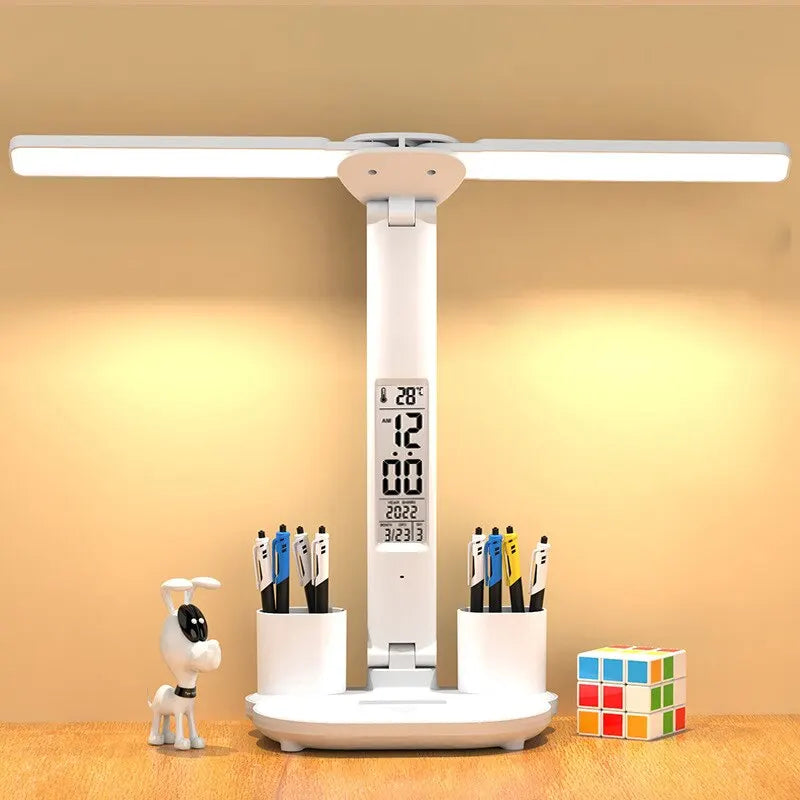 LED Clock Table Lamp USB Chargeable Dimmable Desk Lamp 2 Heads 180 Rotate Foldable