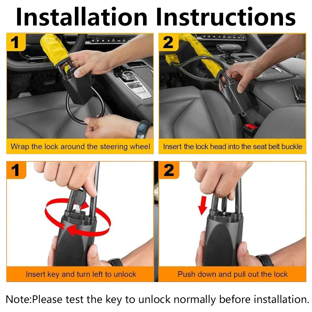 Universal Steering Wheel Lock With Seat Belt Socket 5mm Thick Braided Steel Rope With 3 Keys Anti-Theft Safety Lock STW049